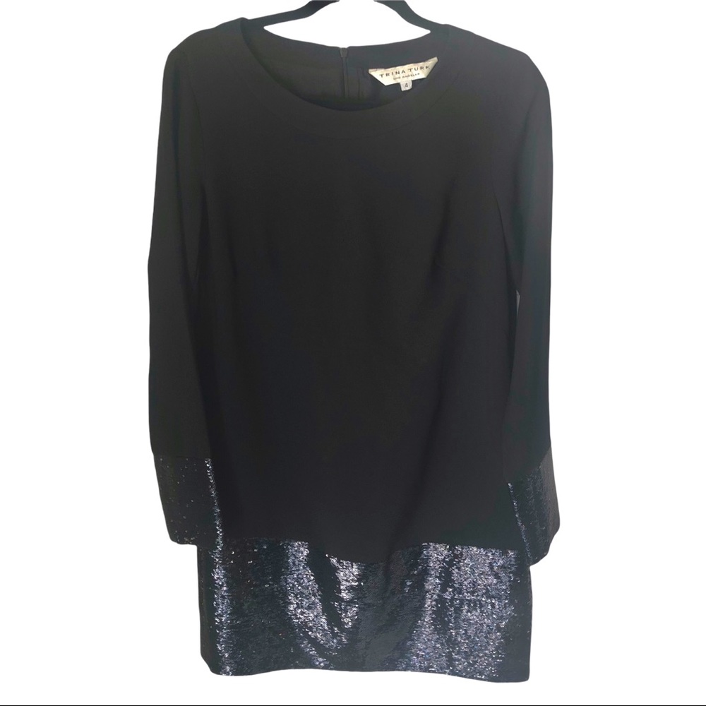 Trina Turk Dress Longsleeve Black Sequin Scoop Neck Silk Lined USA Made 4 Small